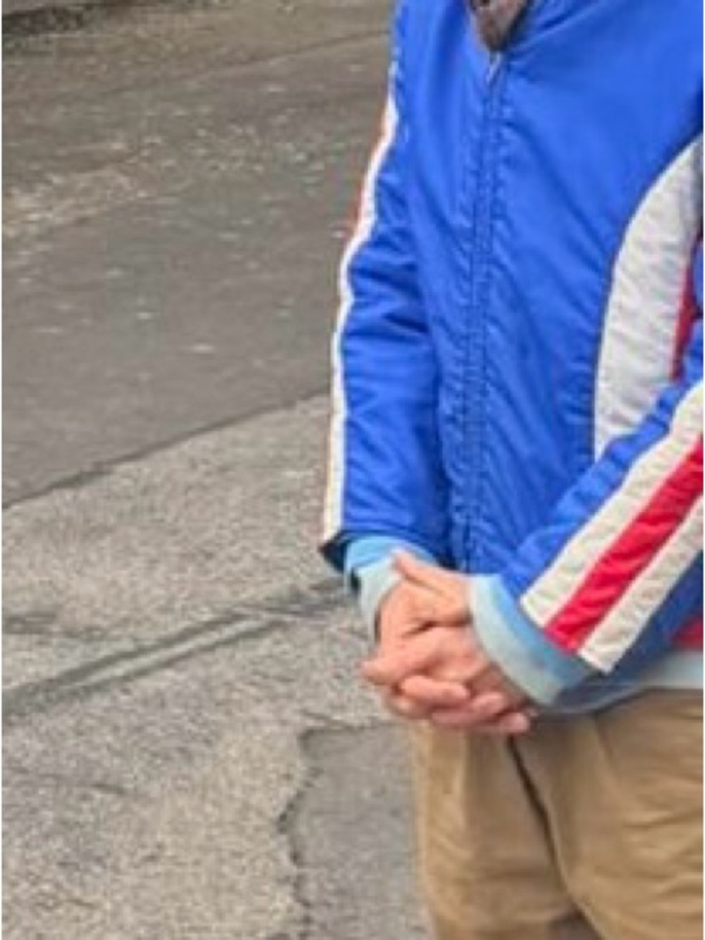 Vintage Blue Puffer Jacket with Red & White Sleeve Stripes